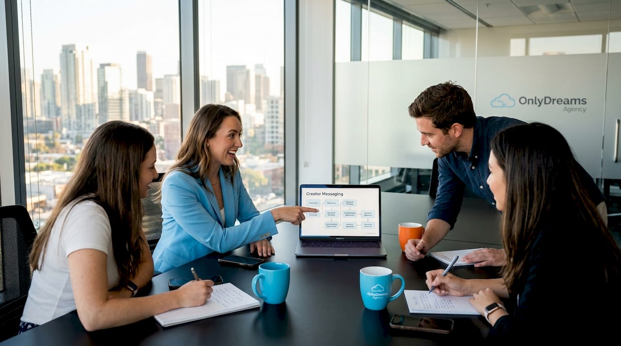 Marketing team discussing creator communication strategy