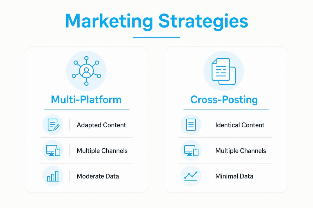 Infographic comparing multi-platform and cross-posting marketing approaches