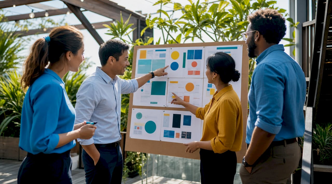 Marketing team collaborating in meeting room