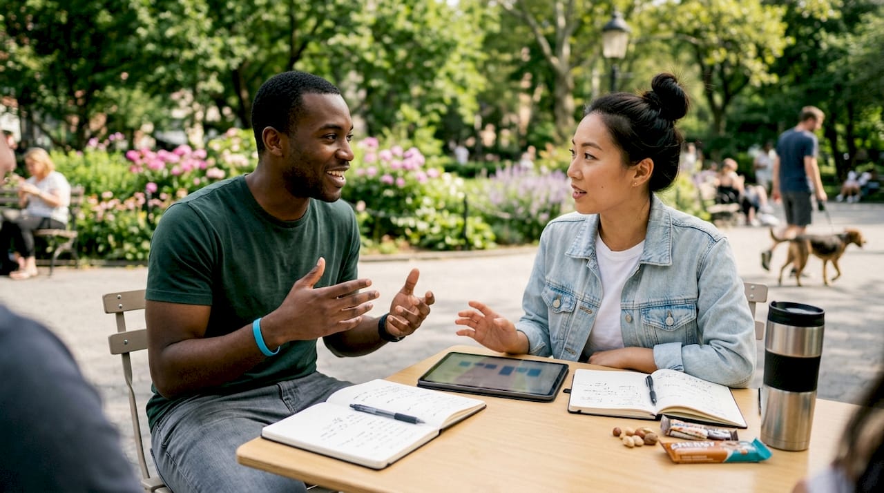 Two creators discussing monetization in cafe