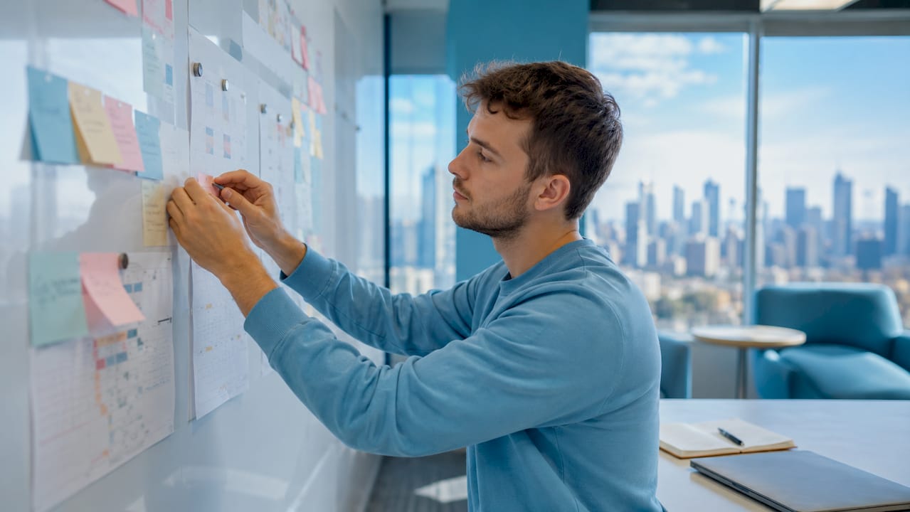 Hands arranging workflow audit notes on board