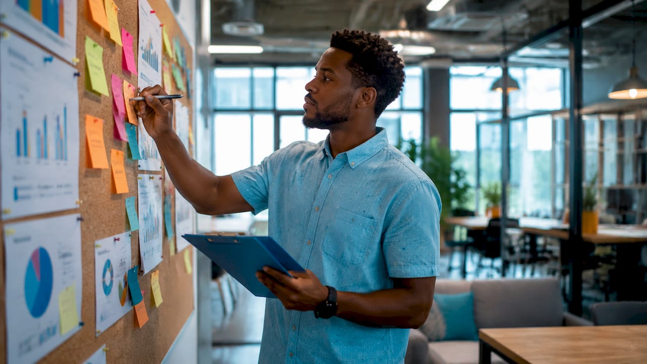 Account manager planning strategy on whiteboard