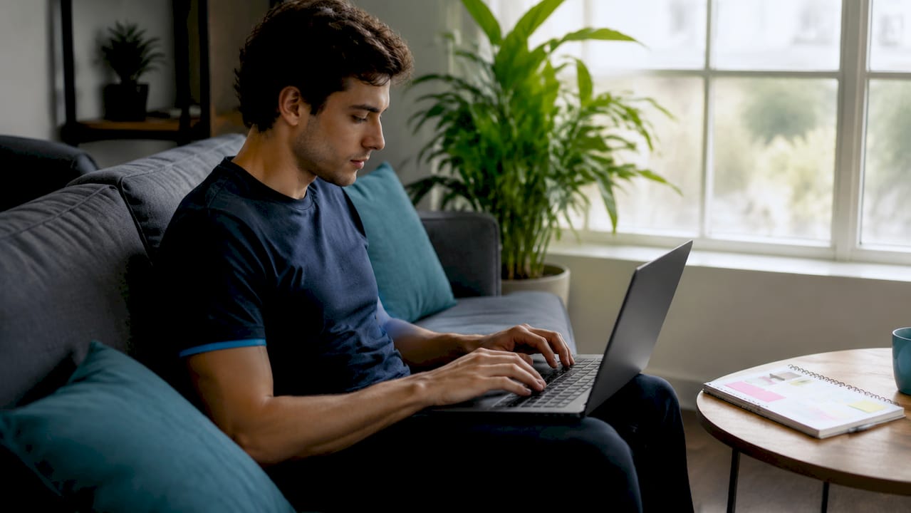 Hands typing on laptop with café tools nearby