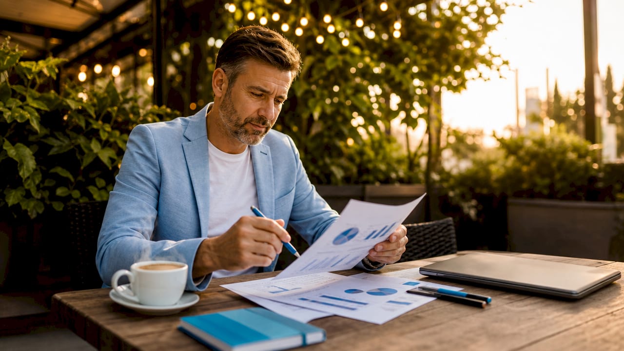 Man writing notes on subscription revenue documents