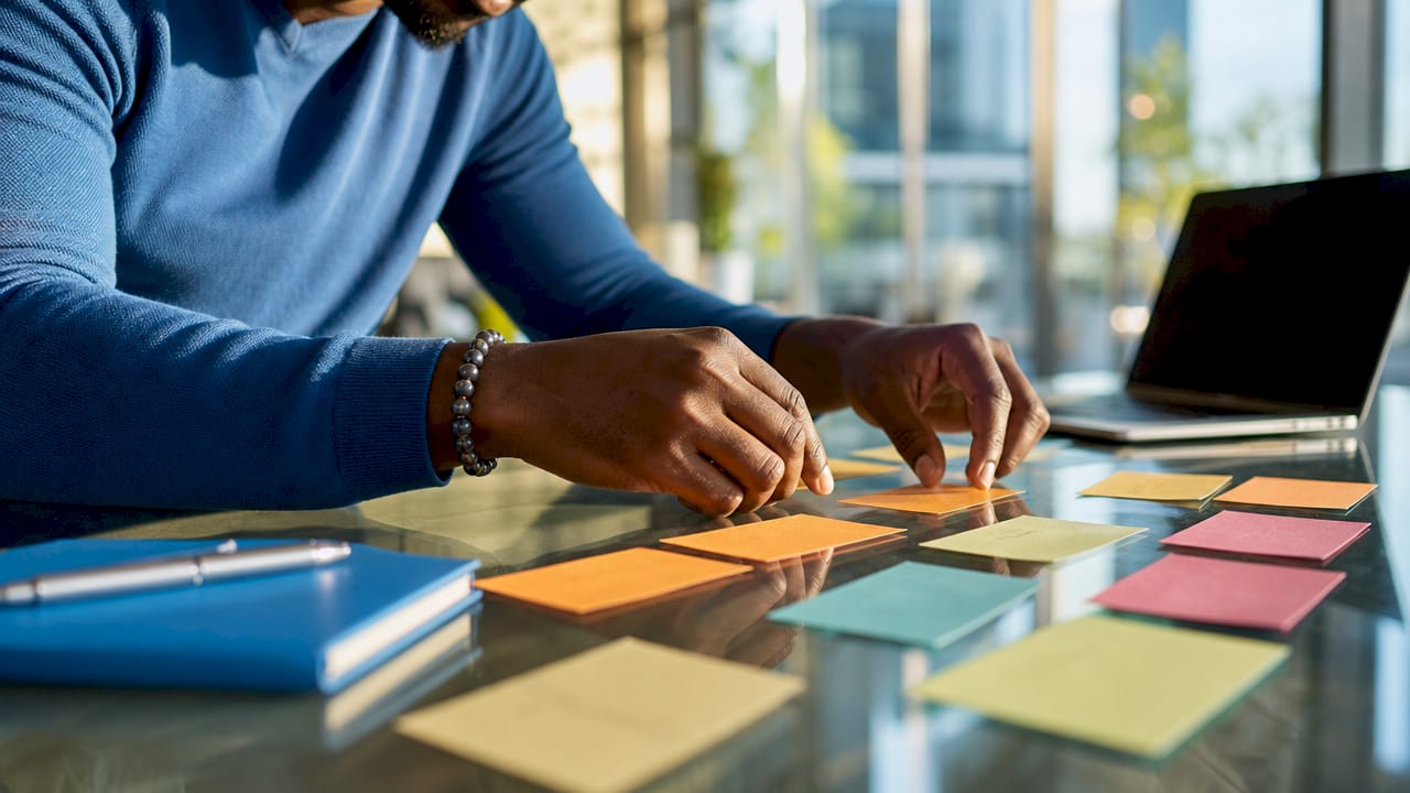 Hands organizing customer data index cards on table