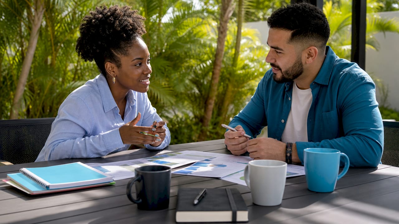 Two creators discussing annual subscription plans in café