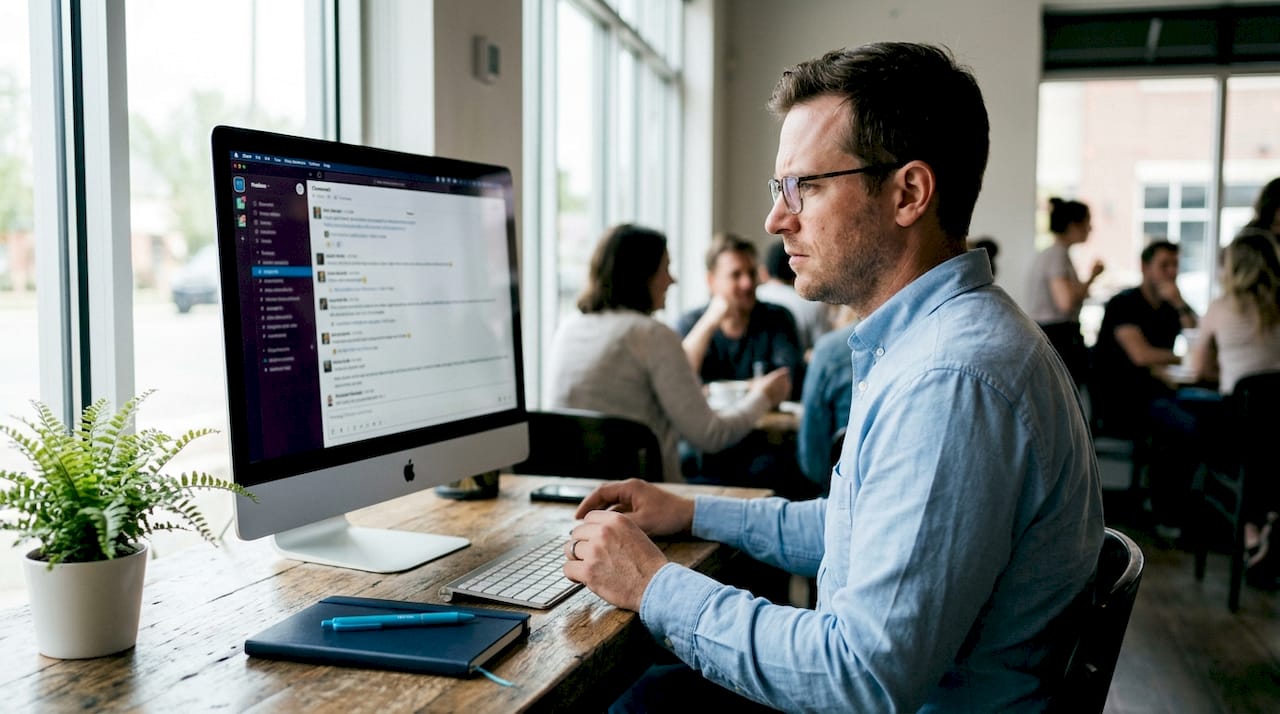 Man organizing chat channel workflows on monitor