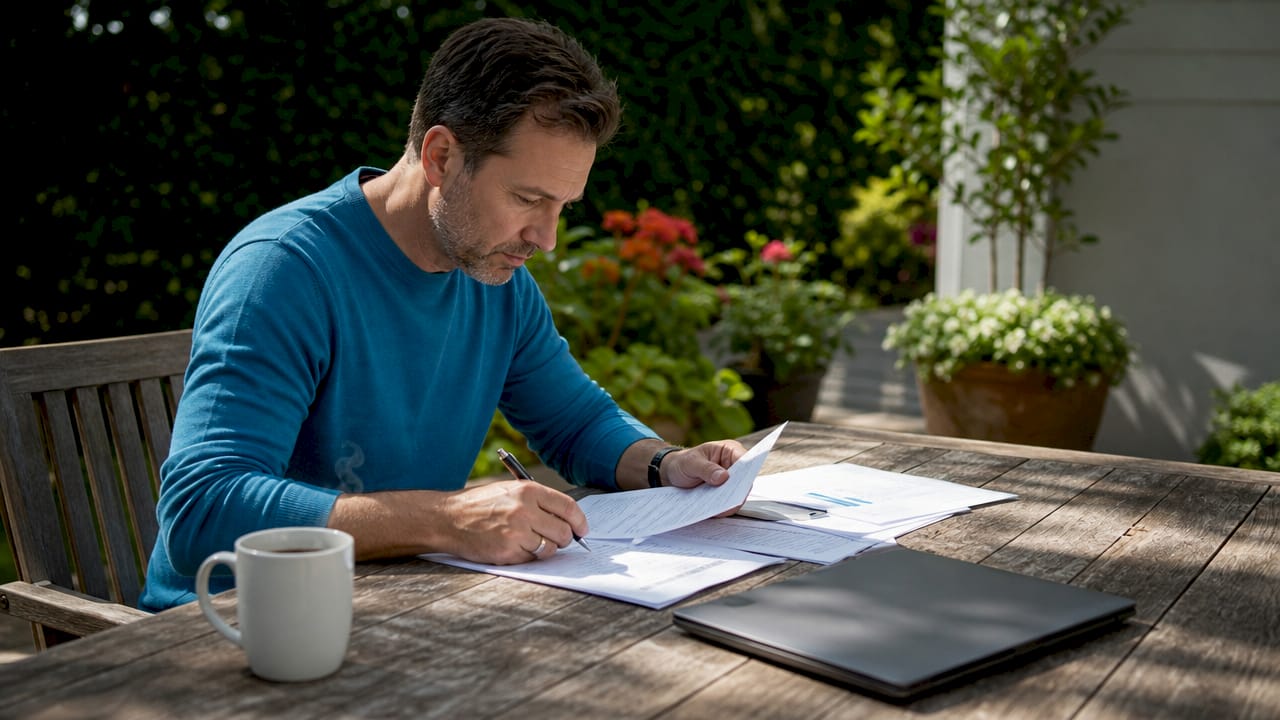 Hands reviewing financial documents at kitchen table