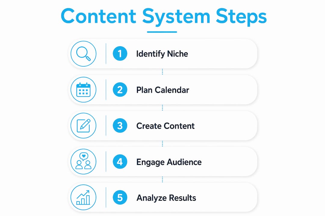 Infographic illustrating content system steps for audience growth