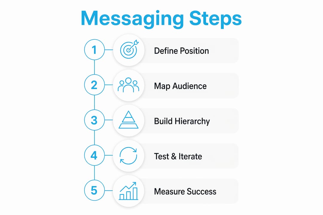 Infographic displaying five-step messaging strategy process