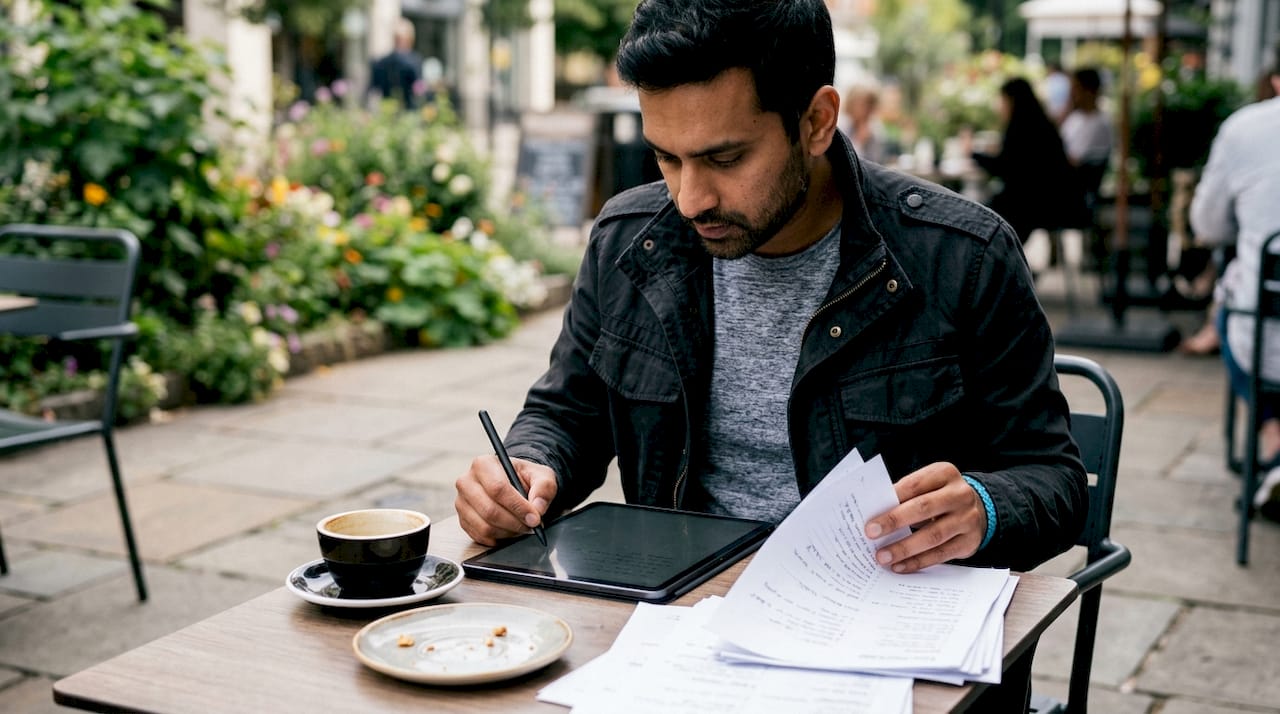 Top-down of creator using tablet and printed schedules