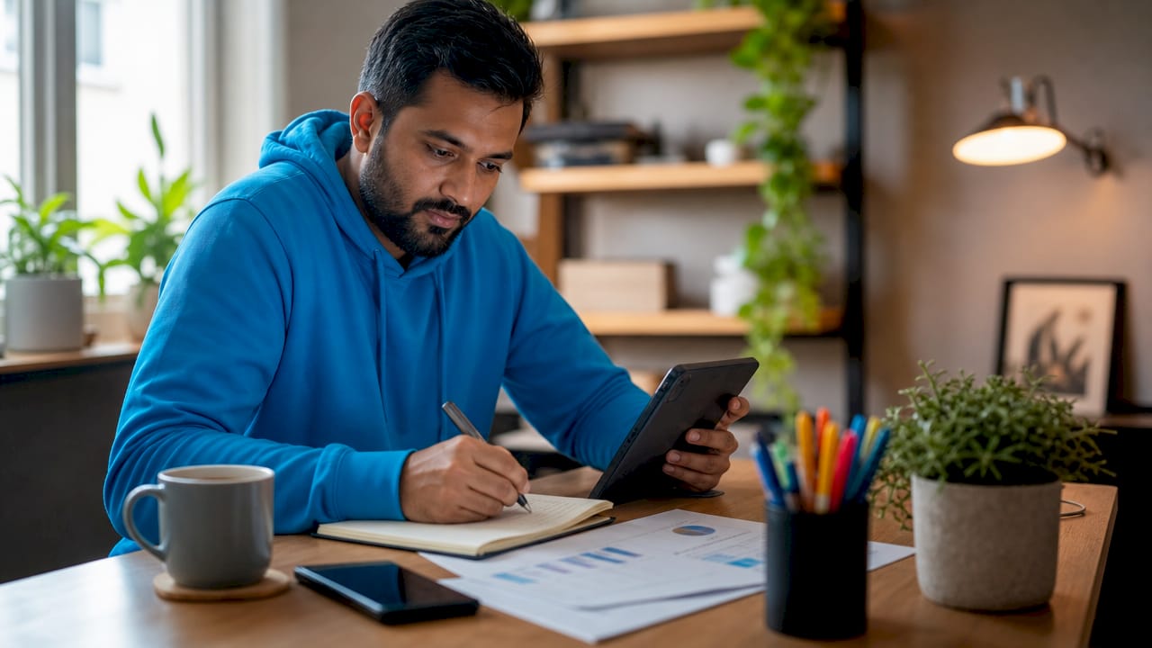 Man planning video content with tablet in coworking space