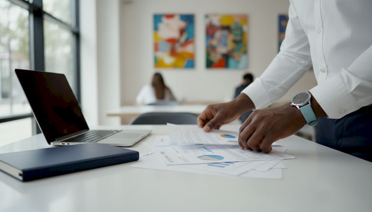Hands organizing account structure charts on desk