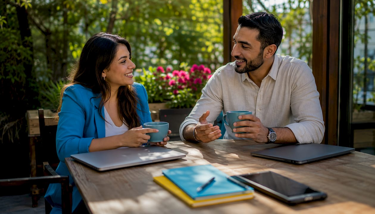 Two professionals discussing client chat strategy