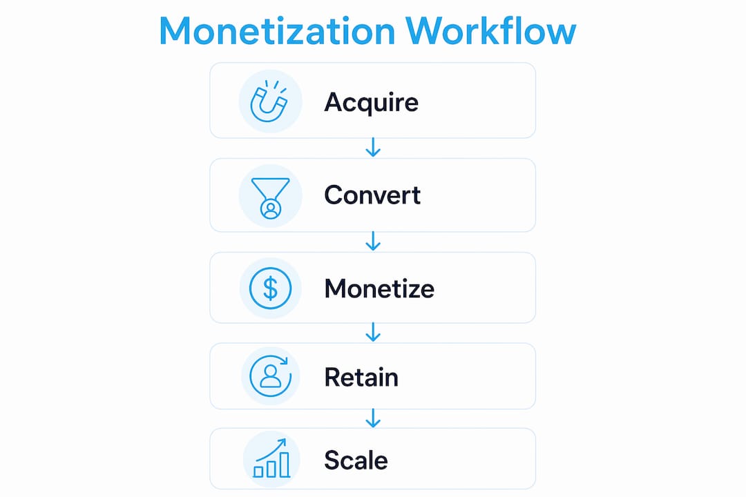 Infographic illustrating five stages of content monetization workflow