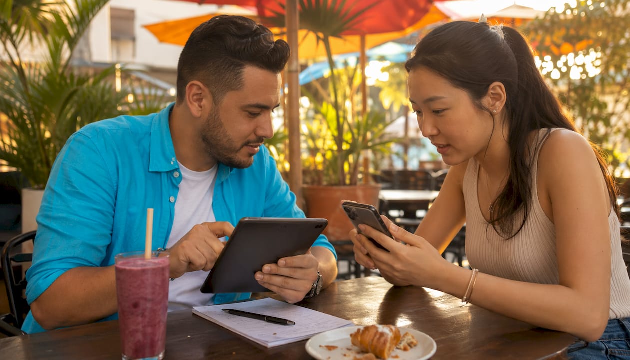 Two professionals coordinating social media schedules at café table