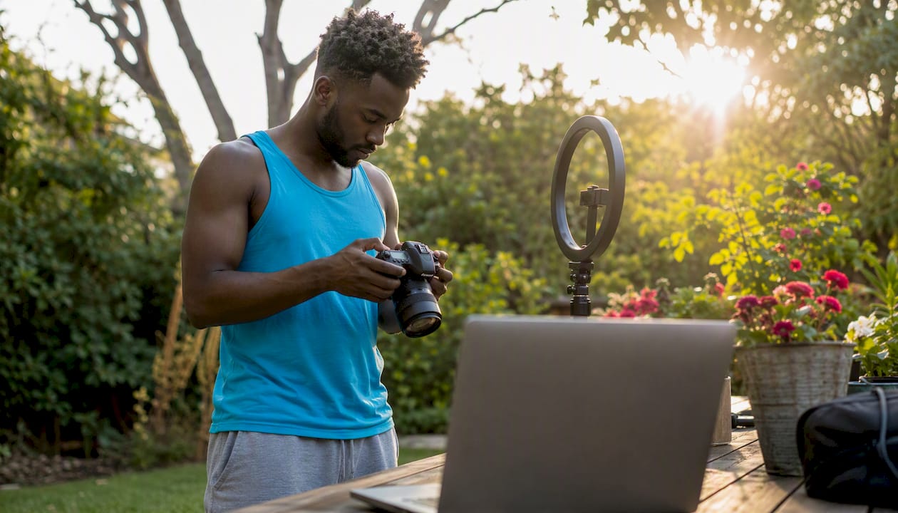 Creator preparing camera gear for Fansly content