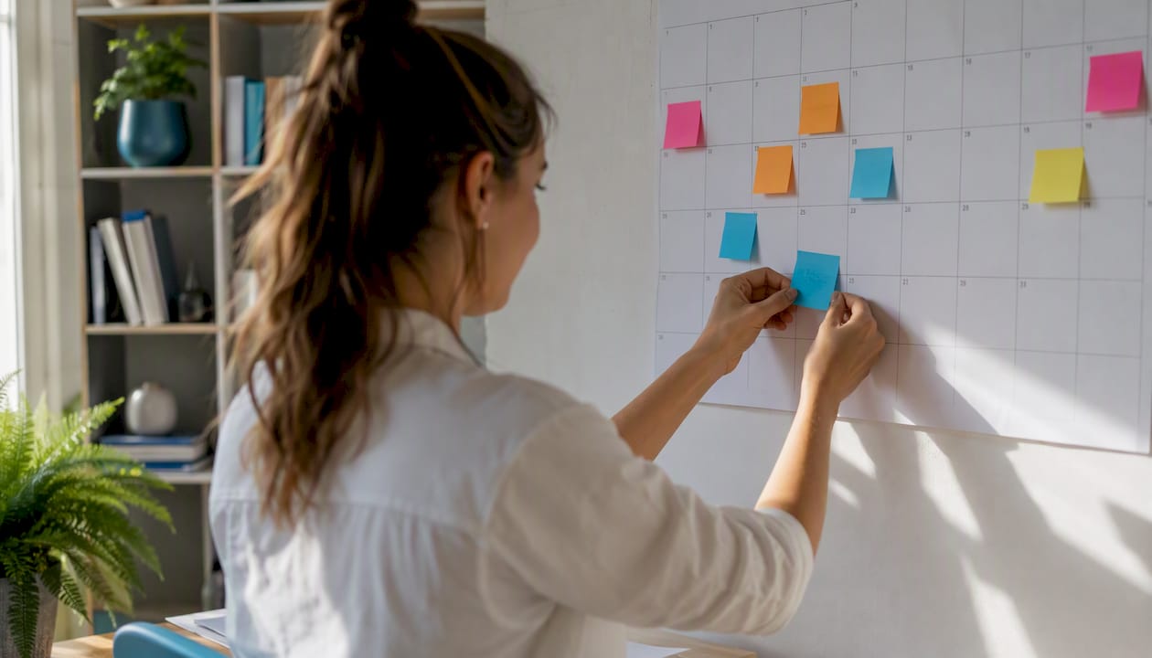 Hands placing sticky notes on content calendar