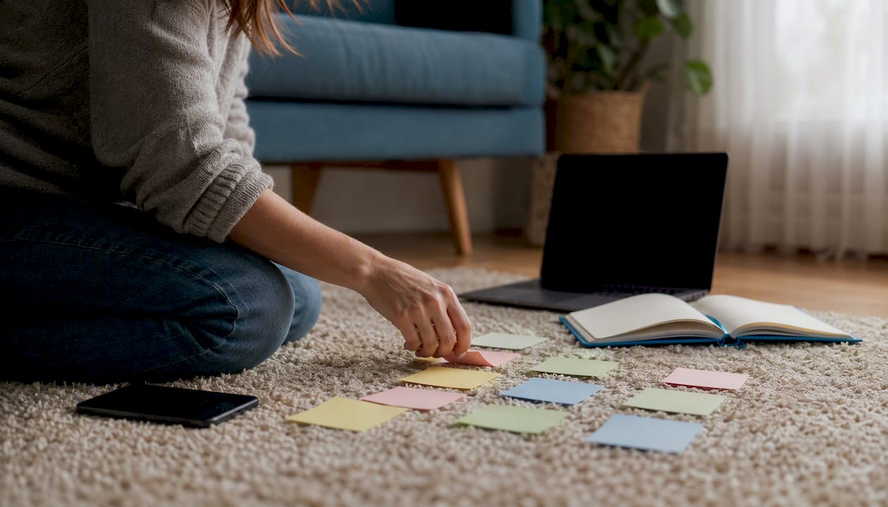 Hand arranging hashtag category notes