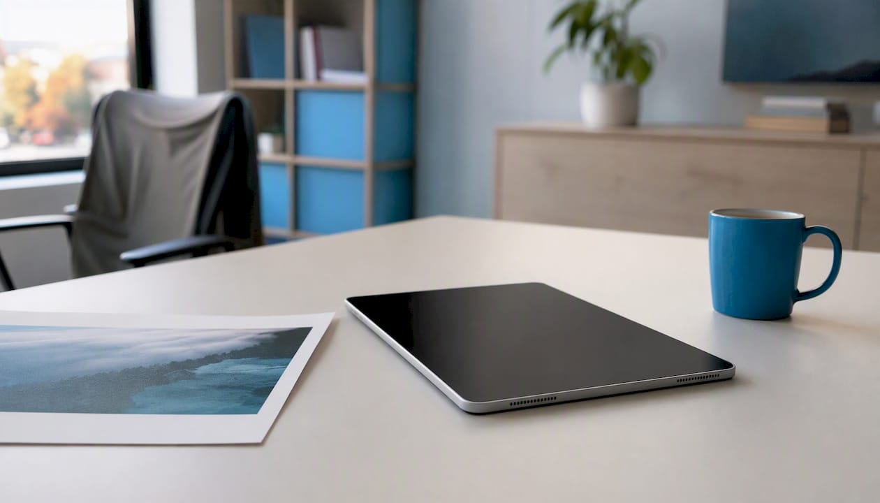 Minimalist desk with tablet and preview images