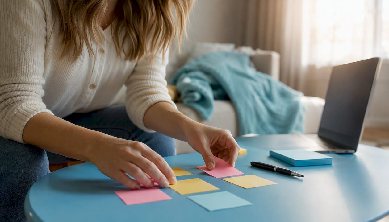 Hands organizing sticky notes for message planning