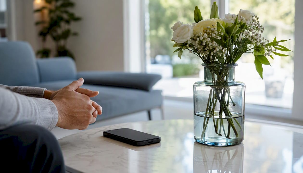Hands holding smartphone face down on couch armrest