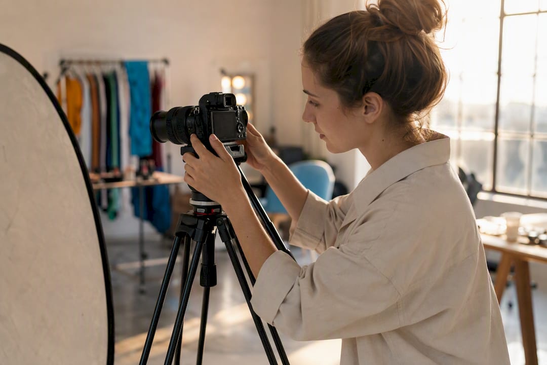 Hands adjusting camera during photo shoot