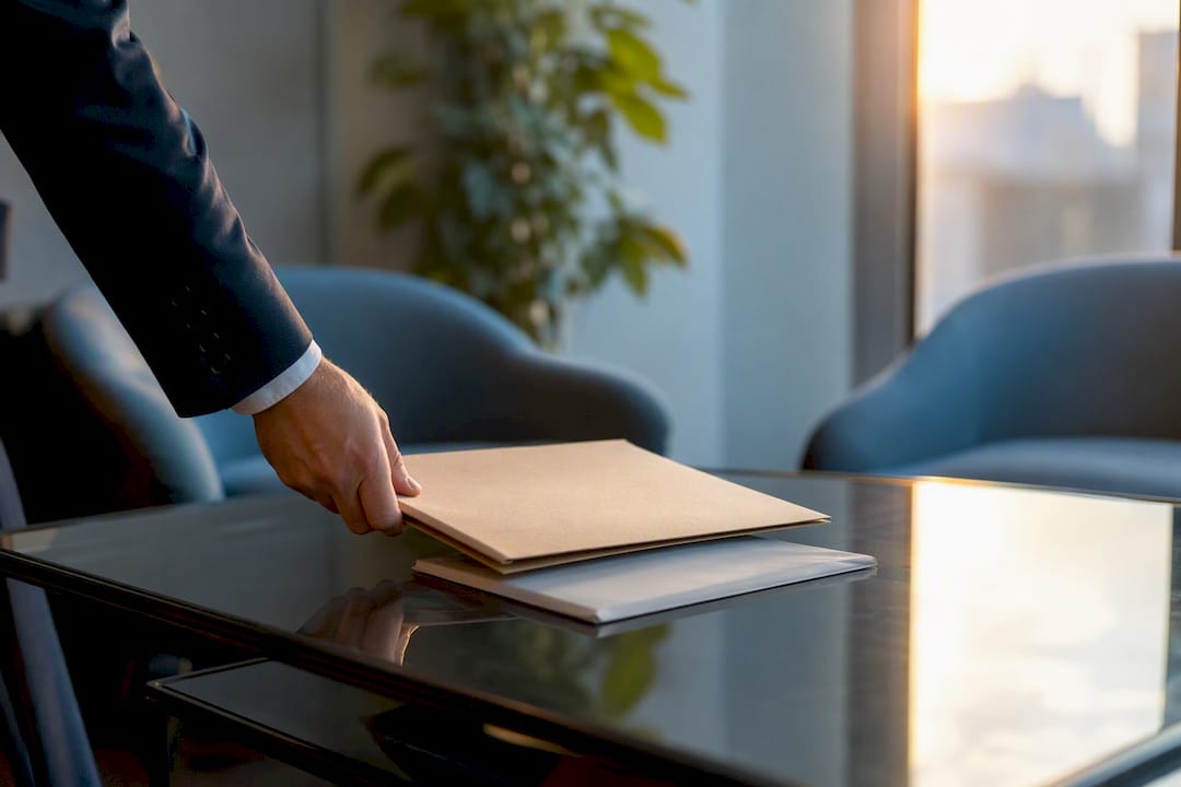 Hand placing legal folder on table