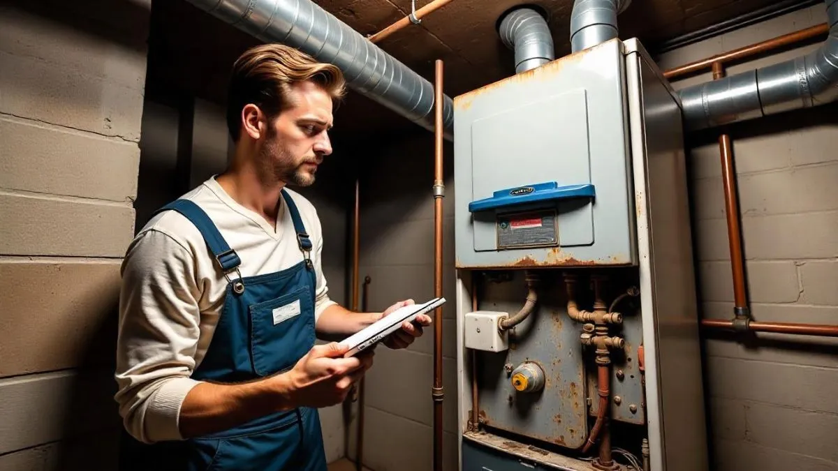 Un homme caucasien, âgé de 30 ans, avec des cheveux bruns, portant une salopette bleue, inspecte une vieille chaudière à gaz présentant des signes de détérioration tels que des pièces rouillées, des fuites de gaz ou des pannes répétées, dans un sous-sol.