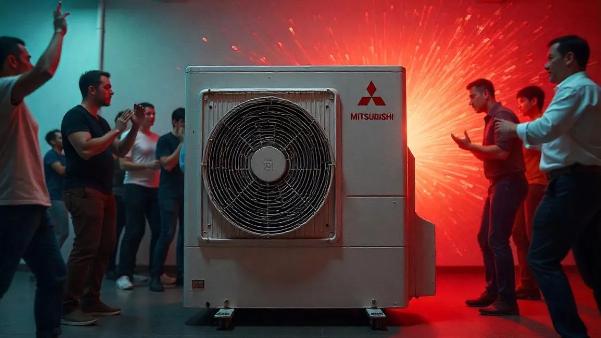Pompe à chaleur ressemblant à une enceinte bruyante, avec des personnes autour réagissant au bruit excessif. Certains se couvrent les oreilles, tandis que d'autres dansent, accablés par le son. Le logo Mitsubishi est clairement visible sur la pompe à chaleur.