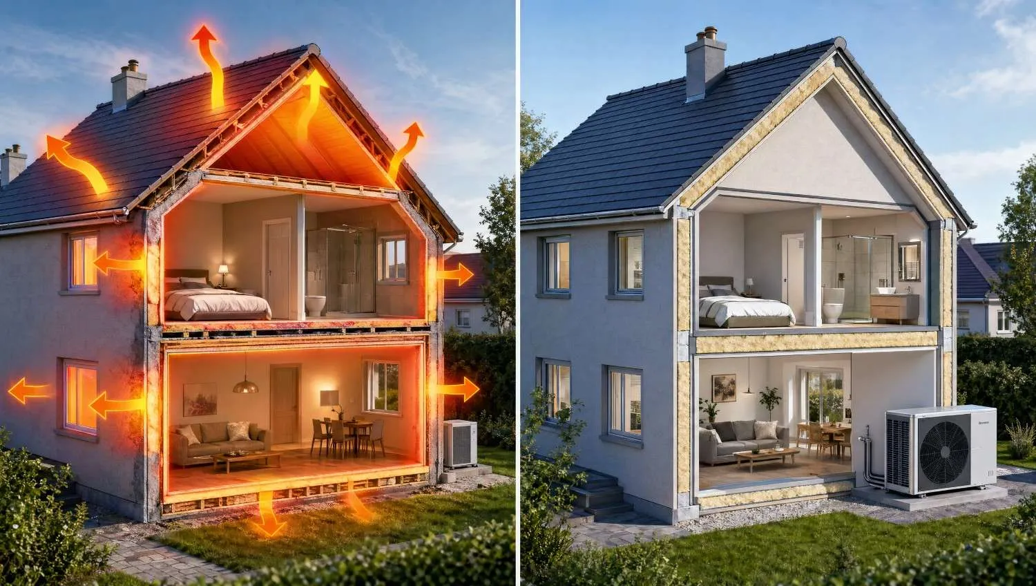 Comparaison entre une maison mal isolée et une maison bien isolée équipée d'une pompe à chaleur performante