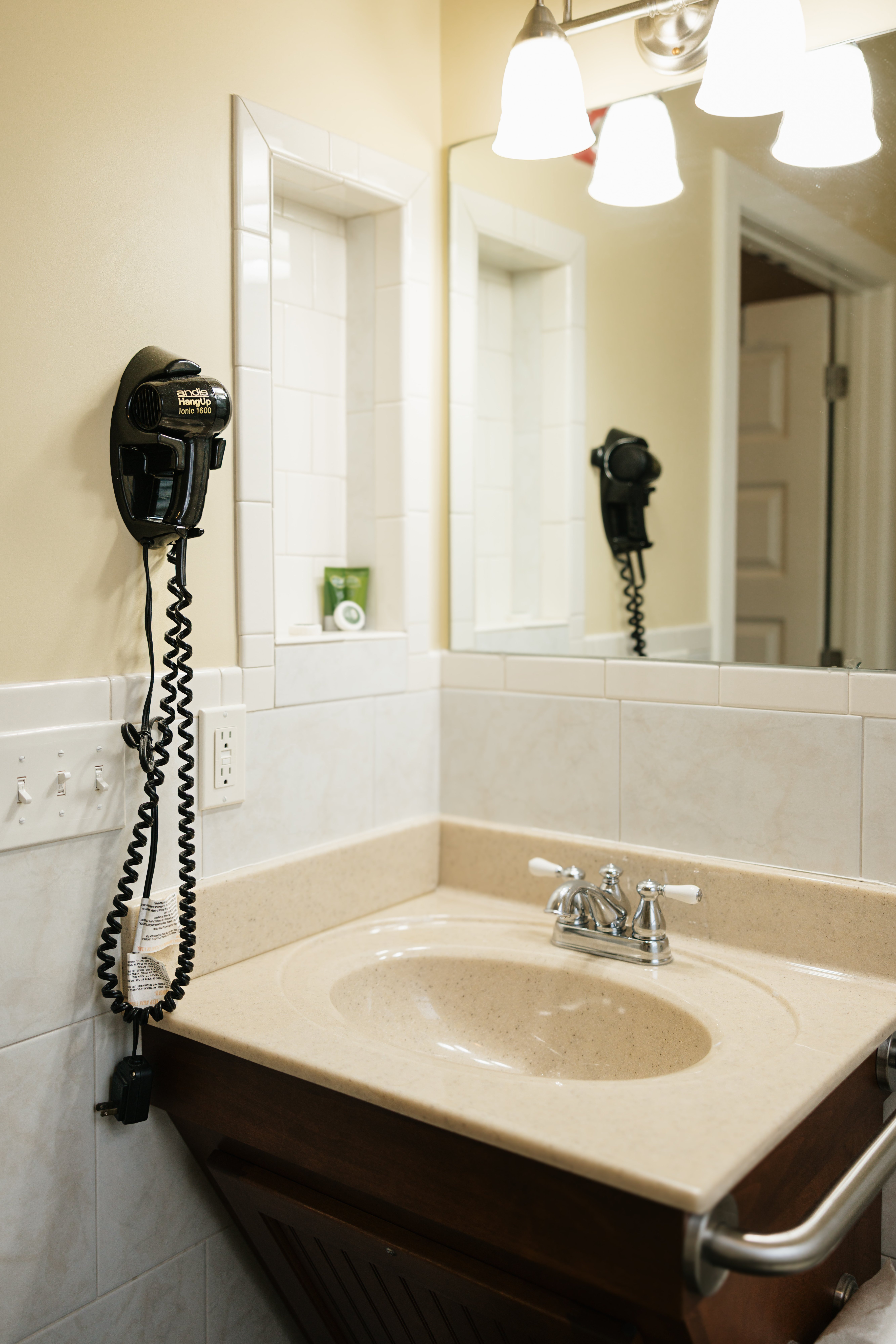 Bathroom vanity and sink with hairdryer in The Lyon Room