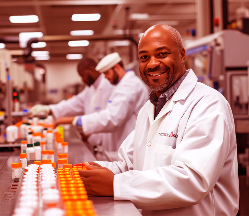 Scripts USA pharmacist with pharmaceutical goods and pills