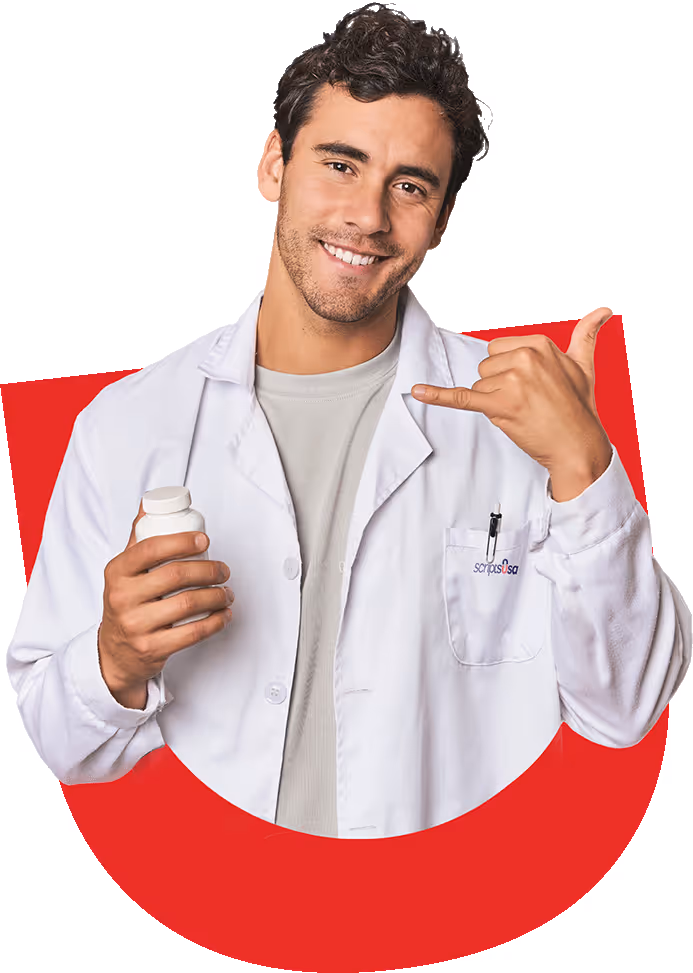 smiling Scripts USA physician, holding a bottle of medicine, and doing a call gesture.