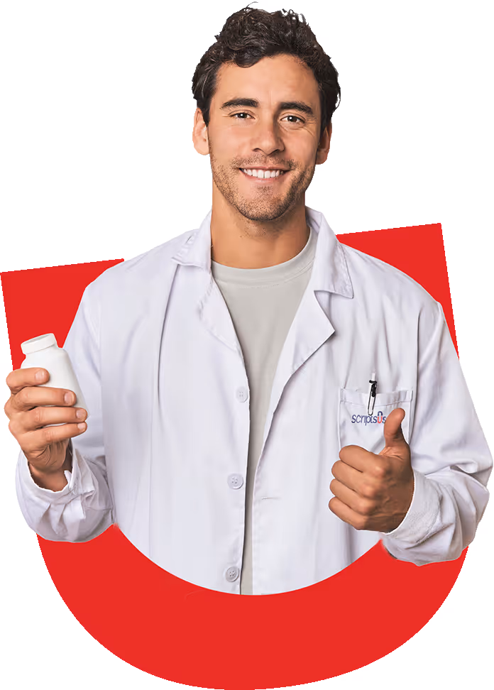 smiling Scripts USA physician, holding a bottle of medicine, and doing a thumbs up gesture.