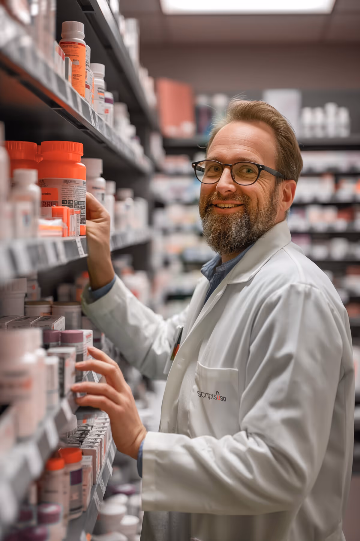 Scripts USA Doctor in white lab coat looking at a shelf