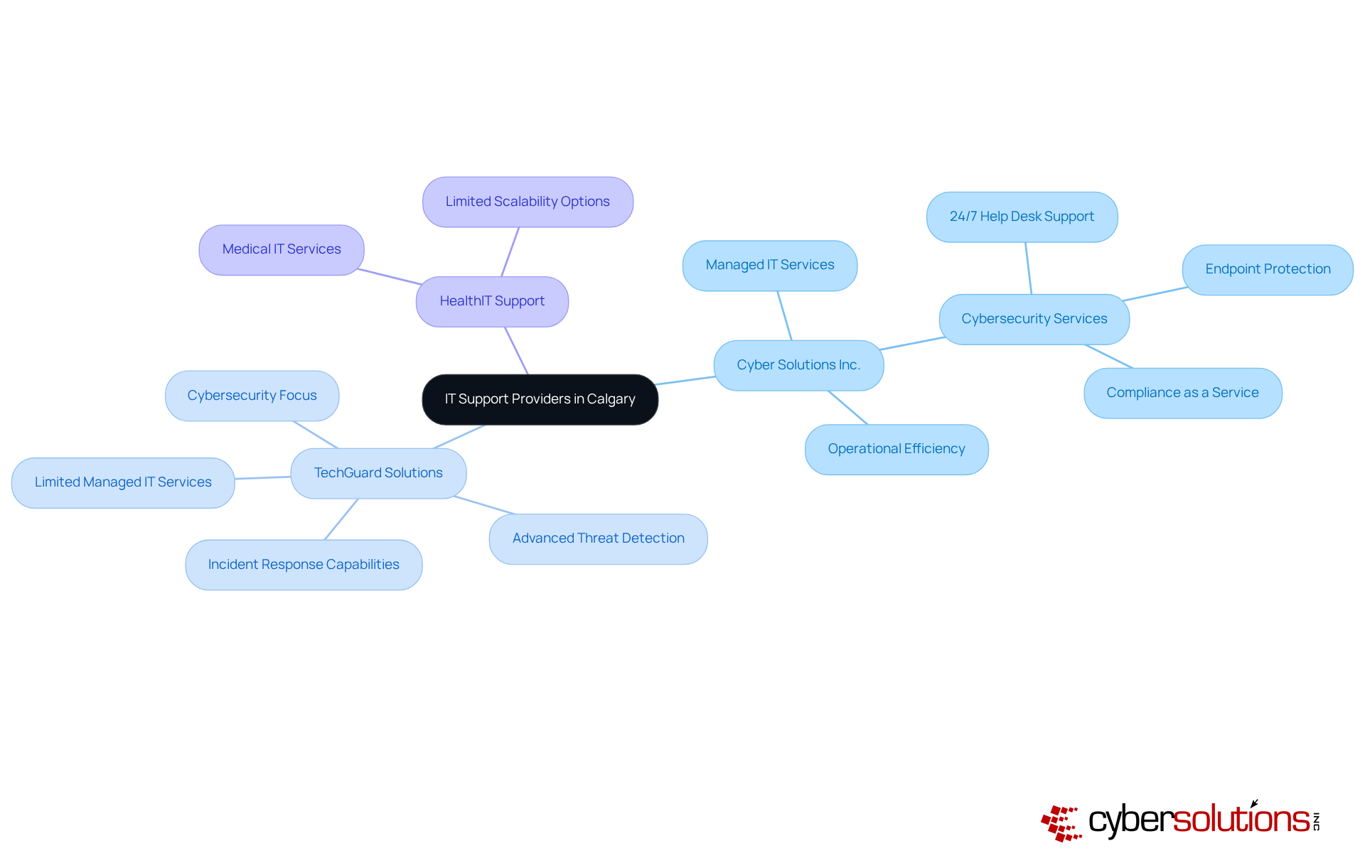 The central node represents the overall topic, while the branches show the specific providers and their services. Each color-coded section helps differentiate the companies and their unique strengths.