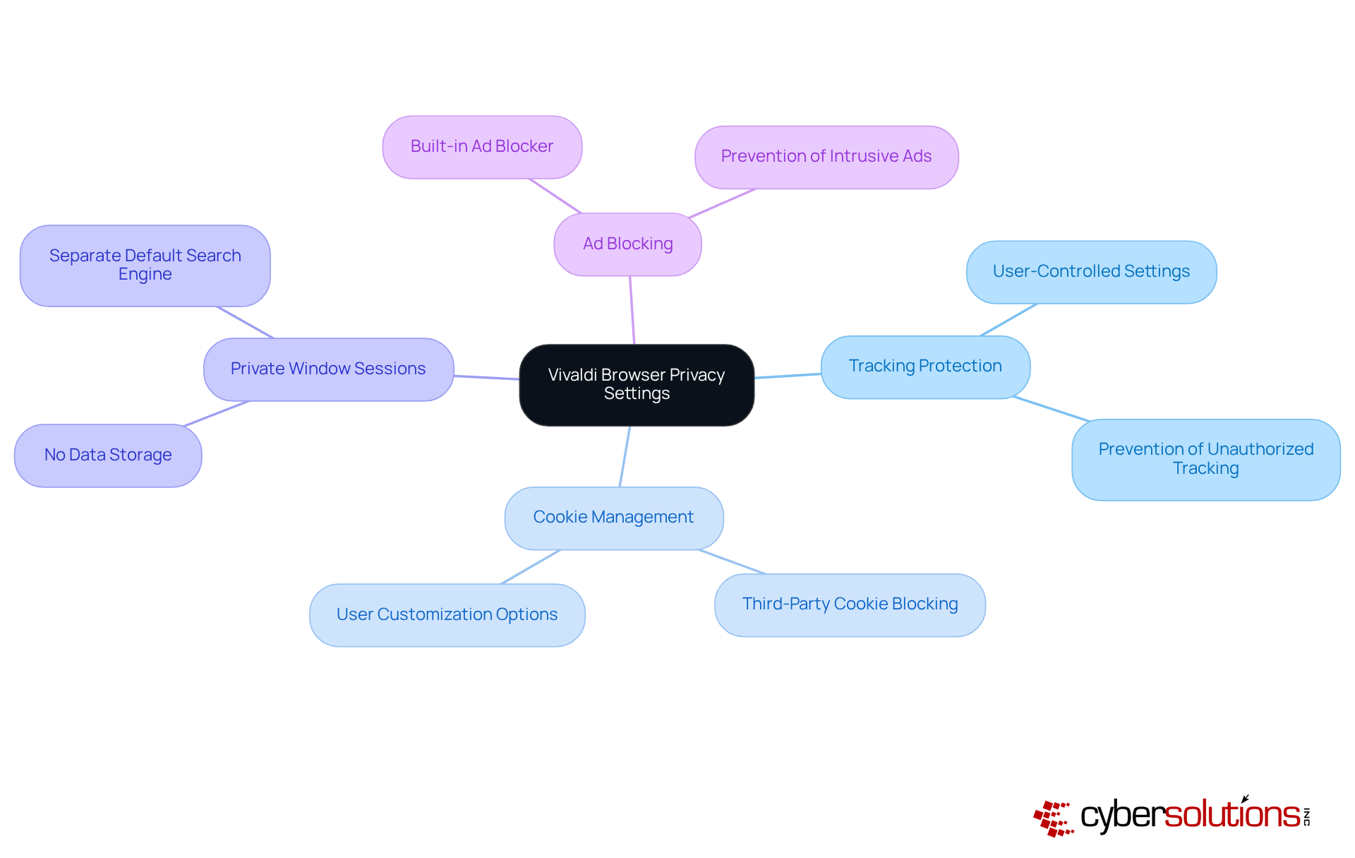 The central node represents Vivaldi's privacy approach, while the branches detail the specific settings that users can customize for enhanced security.