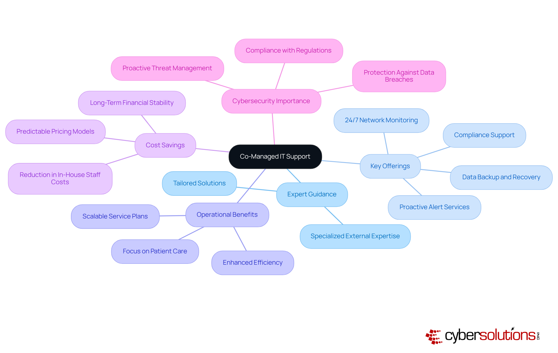 The center represents co-managed IT support, with each branch highlighting important aspects like expert guidance and specific services. Follow the branches to understand how these elements contribute to enhanced cybersecurity and operational efficiency in healthcare.