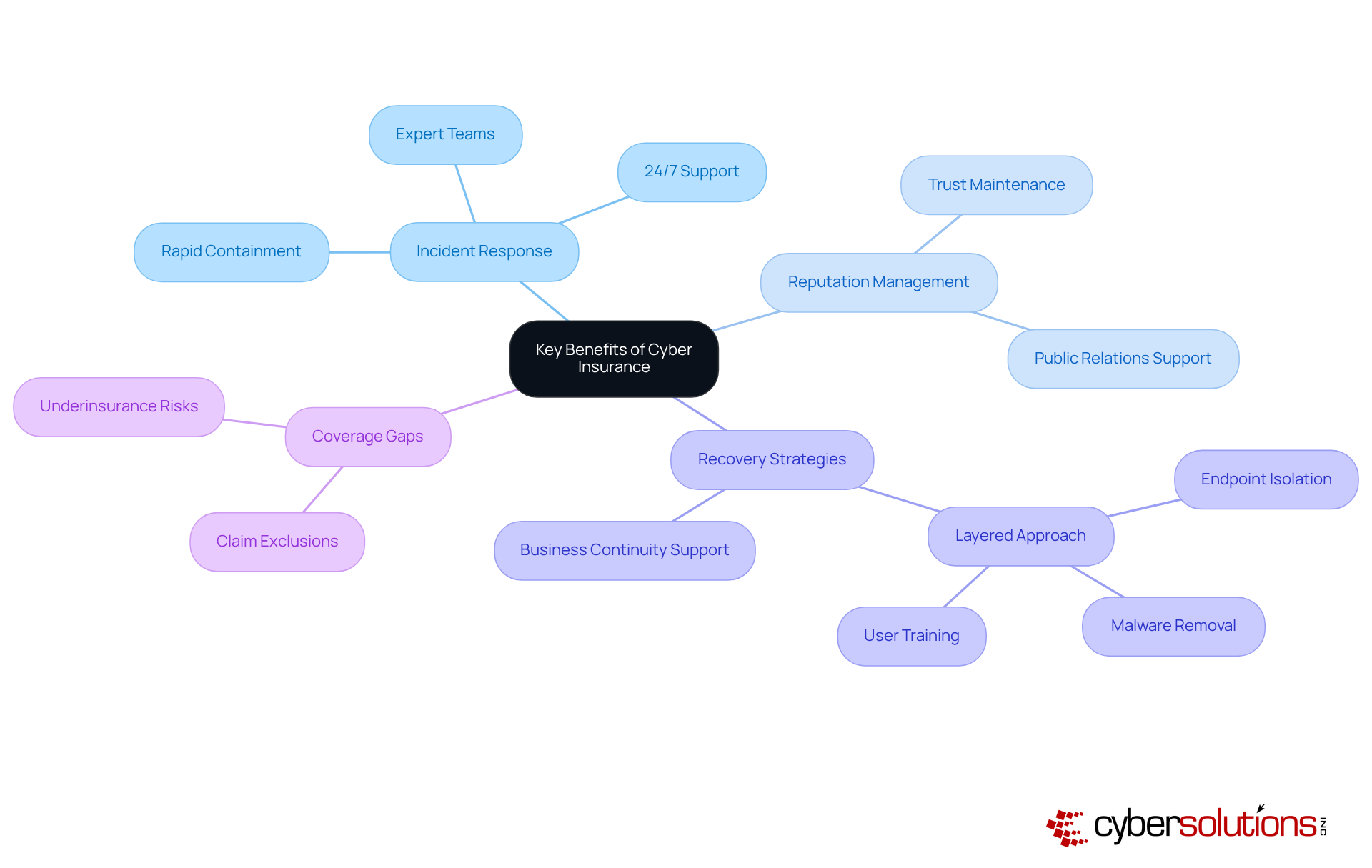 The central node represents the overall topic of cyber insurance benefits, while the branches break down specific areas of focus, showing how they contribute to protecting businesses and their reputations.