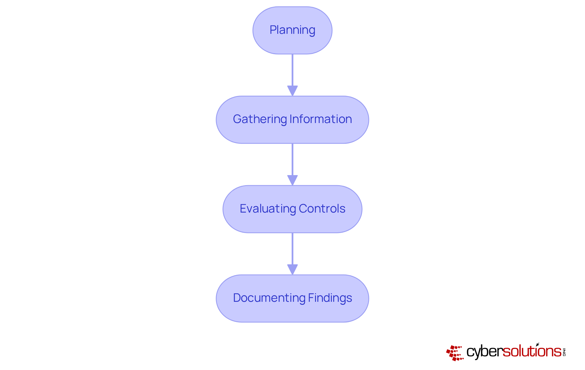 Each box represents a key step in the cybersecurity audit process. Follow the arrows to understand how to move from planning to the final documentation of your findings.