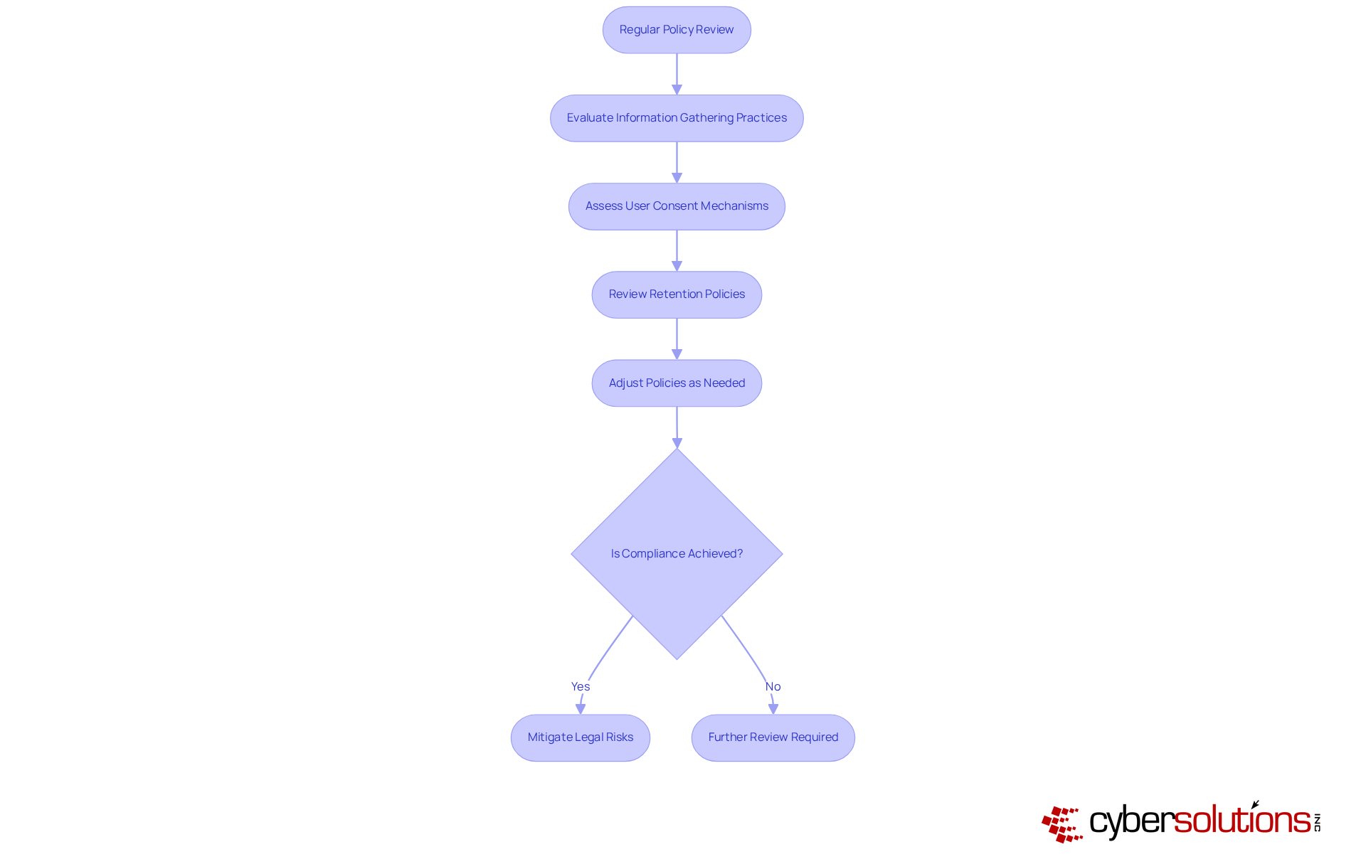 Each box represents a step in the privacy policy review process. Follow the arrows to see the flow of actions organizations should take to ensure compliance with privacy regulations.
