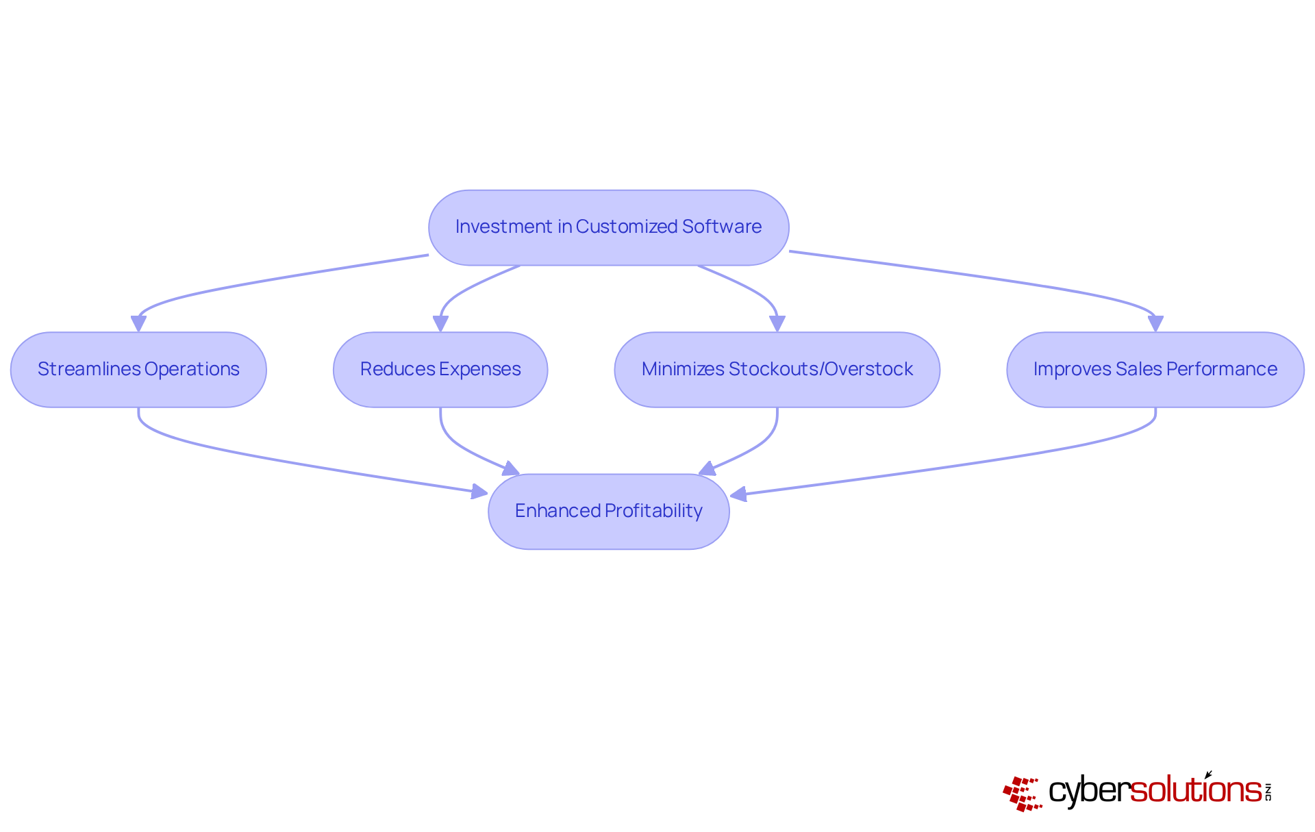 Follow the arrows to see how investing in customized software leads to better operations and lower costs, ultimately boosting profits.