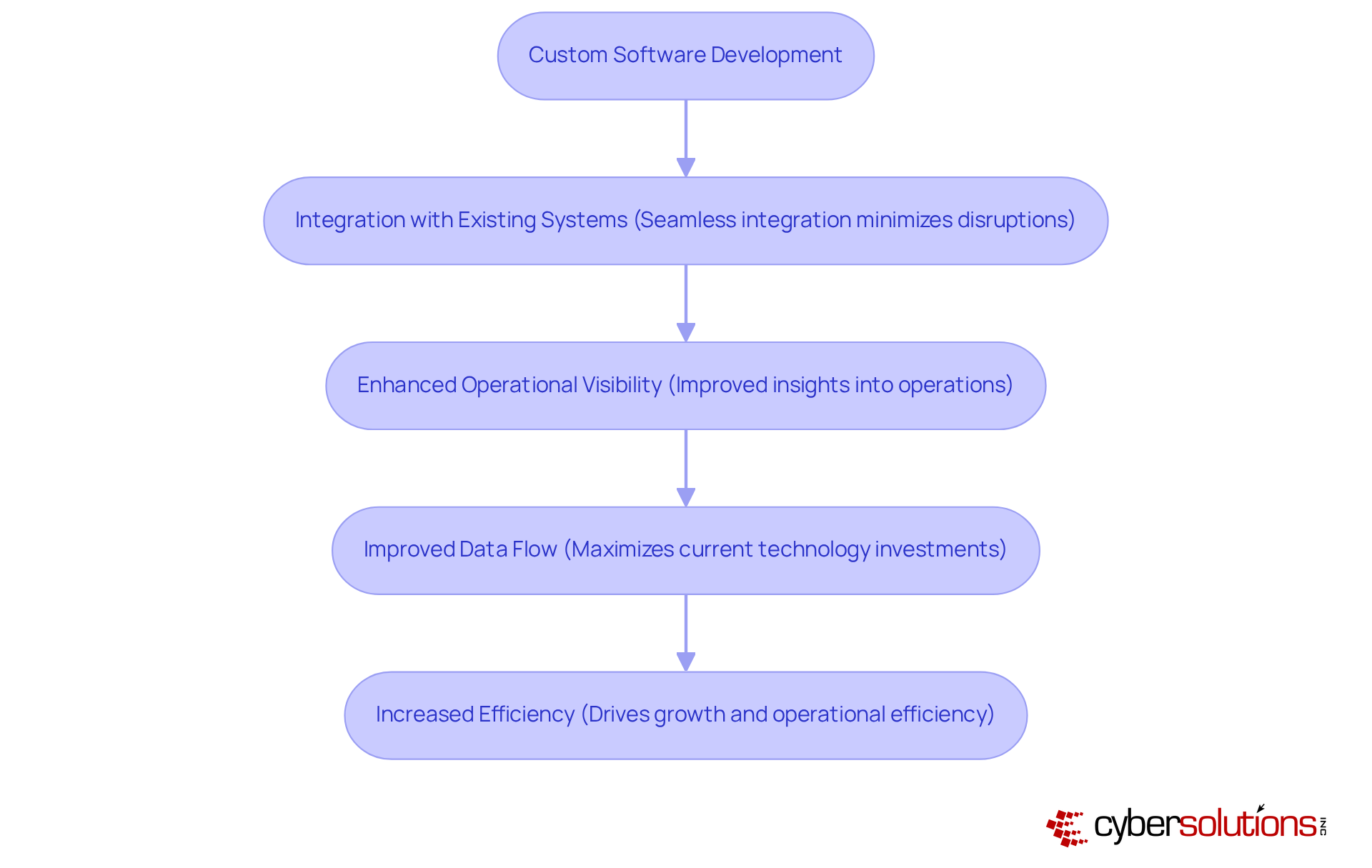 Follow the arrows from custom software development through integration and benefits — each box shows how the steps lead to greater efficiency and visibility in operations.