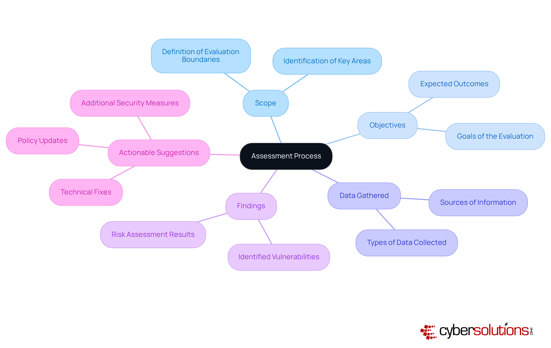 The center shows the overall assessment process, while the branches illustrate key components — follow each branch to understand the scope, objectives, findings, and more! The center shows the overall assessment process, while the branches illustrate key components — follow each branch to understand the scope, objectives, findings, and more!
