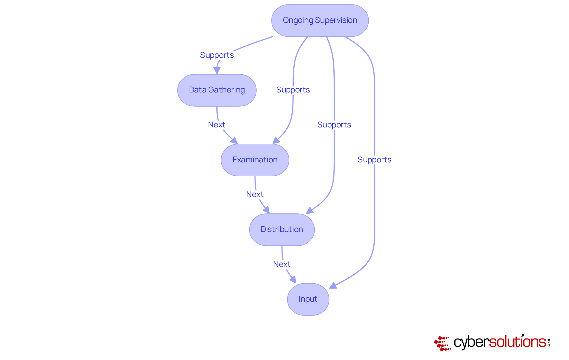 Each box represents a crucial step in the threat intelligence process. Follow the arrows to see how data is gathered, analyzed, and shared to enhance cybersecurity. The side box highlights the importance of ongoing supervision throughout the process. Each box represents a crucial step in the threat intelligence process. Follow the arrows to see how data is gathered, analyzed, and shared to enhance cybersecurity. The side box highlights the importance of ongoing supervision throughout the process.