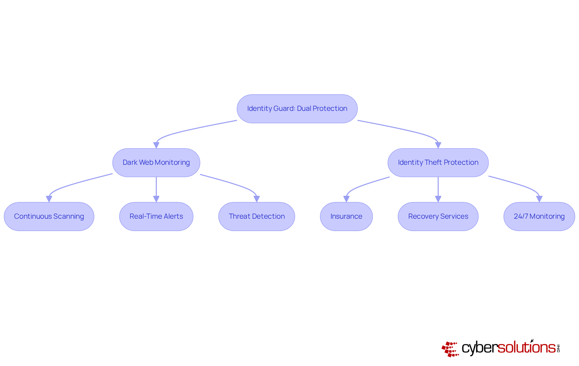 This flowchart shows how Identity Guard's dual protection strategy works. Each box represents a key component of the security measures, and the arrows indicate how they connect and support each other in protecting against cyber threats.