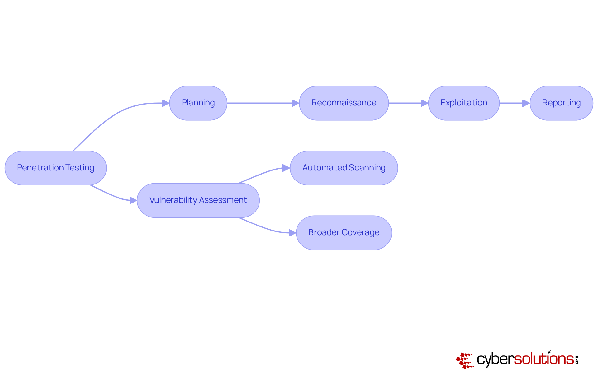 This flowchart shows the steps involved in penetration testing on one side and the characteristics of vulnerability assessments on the other. Follow the arrows to understand the process of penetration testing, and see how vulnerability assessments provide a wider view of security risks.