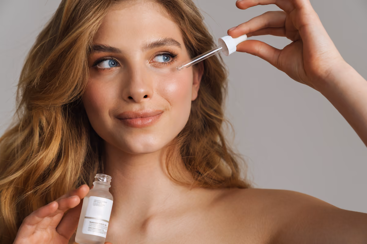 Beautiful light skinned woman applying serum to her skin