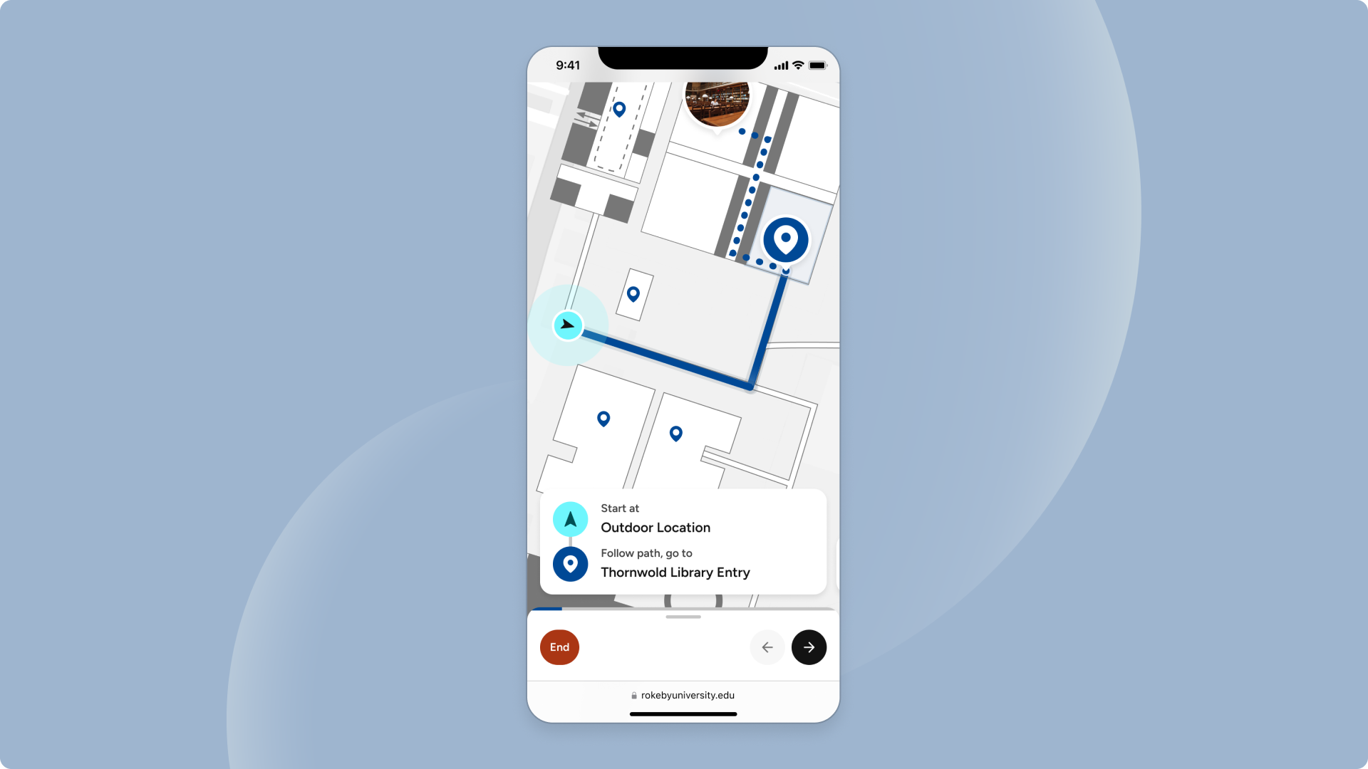 Turn-by-turn directions to a university library displayed in a mobile wayfinding interface powered by Pladia